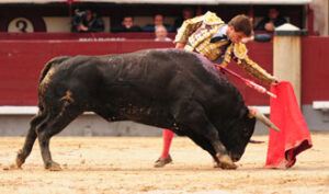 El Juli, tirando del toro sobre la mano zurda. (Foto: Vivas.)