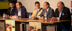 Carlos Zúñiga jr, Fernando Couto (presidente de la Sociedad Mixta de Turismo y Festejos de Gijón), Joselito, Juan Belmonte y Carlos Zúñiga. (Foto: J. Prieto)
