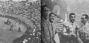 A la izquierda, una imagen de la plaza el día de la inauguración. A la derecha, la terna que estrenó la plaza hace 50 años: Antoñete, Antonio Bienvenida y Curro Montes.