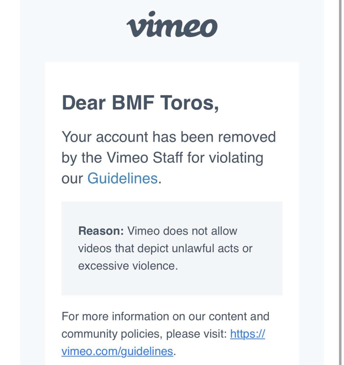 Vimeo también elimina la cuenta de BMF Toros