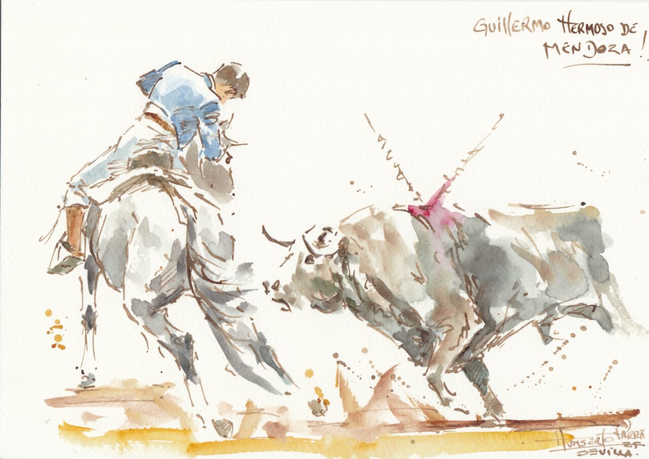 La corrida de rejones en la Maestranza, en los pinceles de Humberto Parra