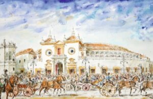 Ilustración de Humberto Parra de la fachada principal de la Maestranza de Sevilla.