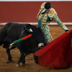 Un torero vestido de luces lidiando un toro en la plaza de toros.