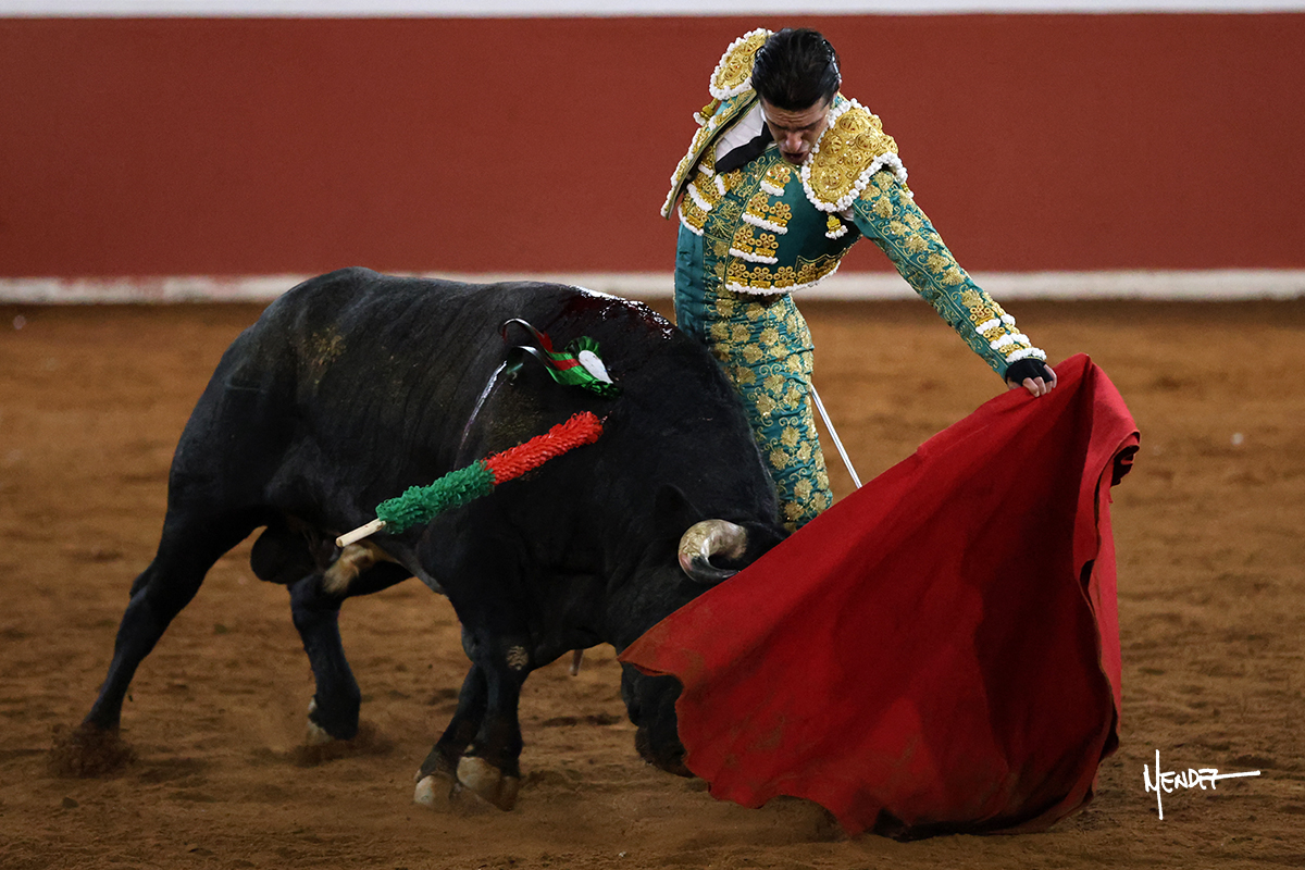 Un torero vestido de luces lidiando un toro en la plaza de toros.