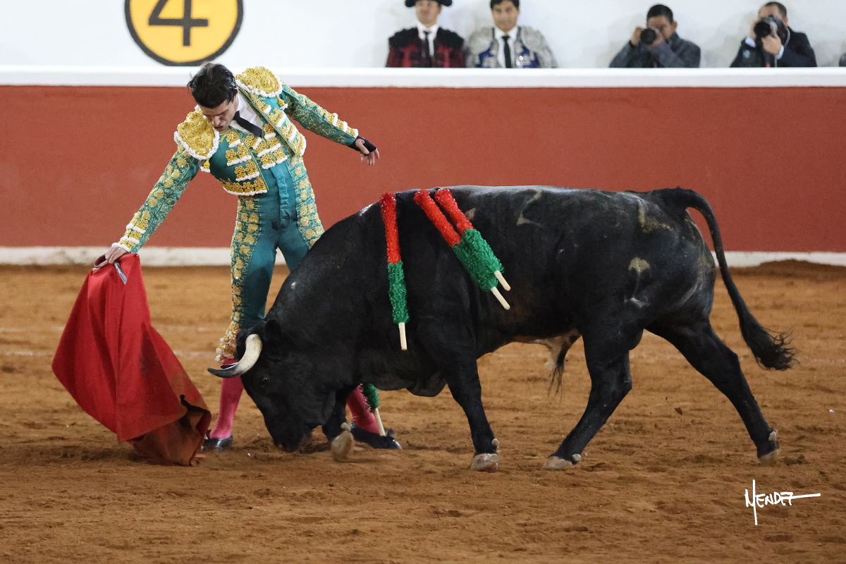 Un torero vestido de luces en la plaza de toros con un toro.