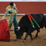 Matador en traje de luces enfrentando a un toro en la plaza de toros.