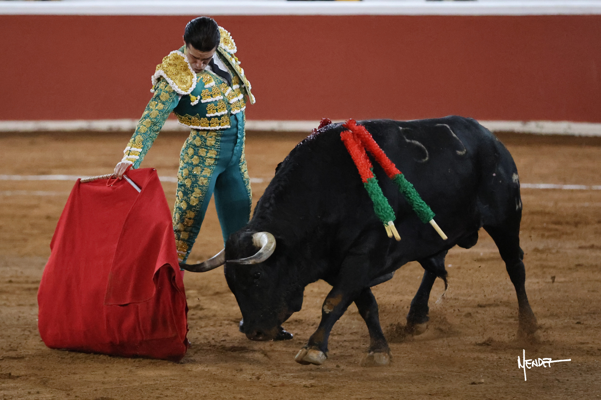 Matador en traje de luces enfrentando a un toro en la plaza de toros.