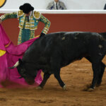 Un torero con un capote de colores en la plaza de toros.