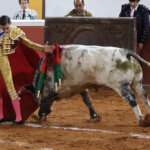Un torero vestido de luces enfrentando a un toro en la plaza de toros.